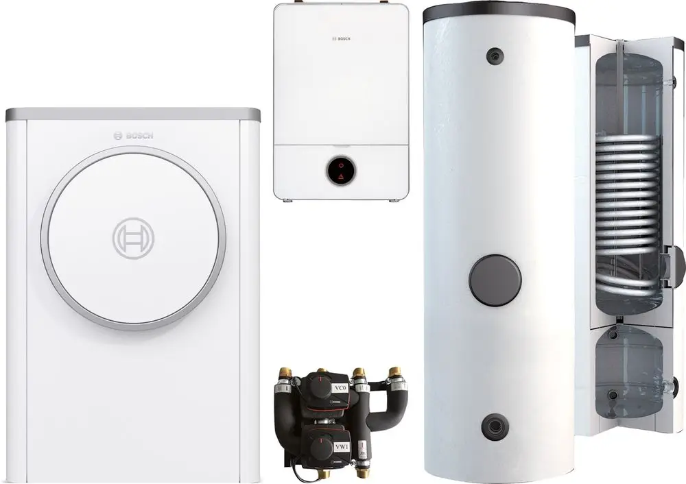 Wärmepumpen-System von Bosch mit verschiedenen Komponenten: ein monolithischer Speicher, ein Wandgerät und ein Verteilermodul. Alle Teile in weißem Design gehalten.